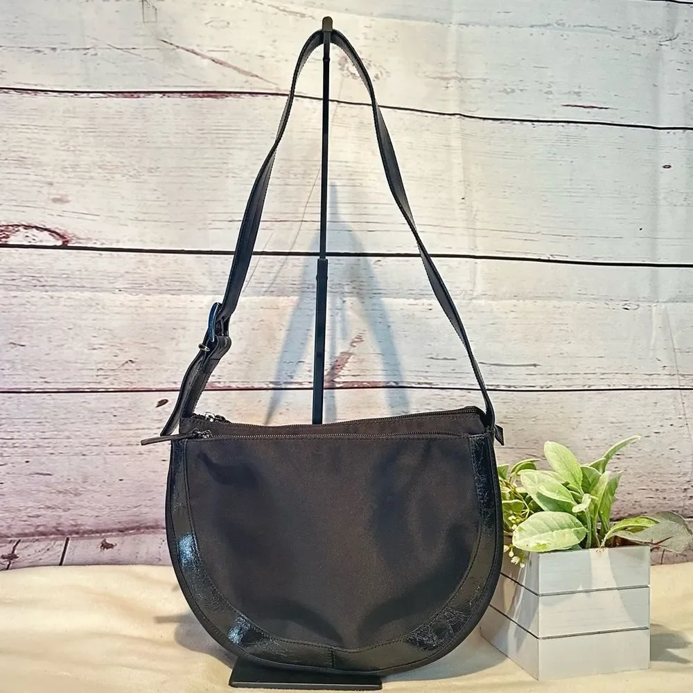 Coccinelle Black Leather and Nylon 3 Compartment Zip Shoulder Bag Made in Italy